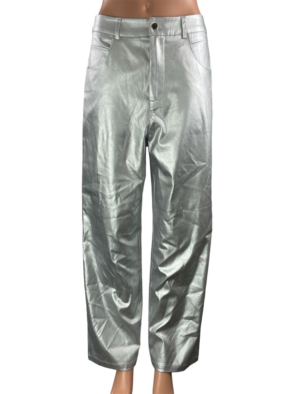 Commense Women's Silver Metallic High Rise Baggy Wide Leg Trousers Pants Size M